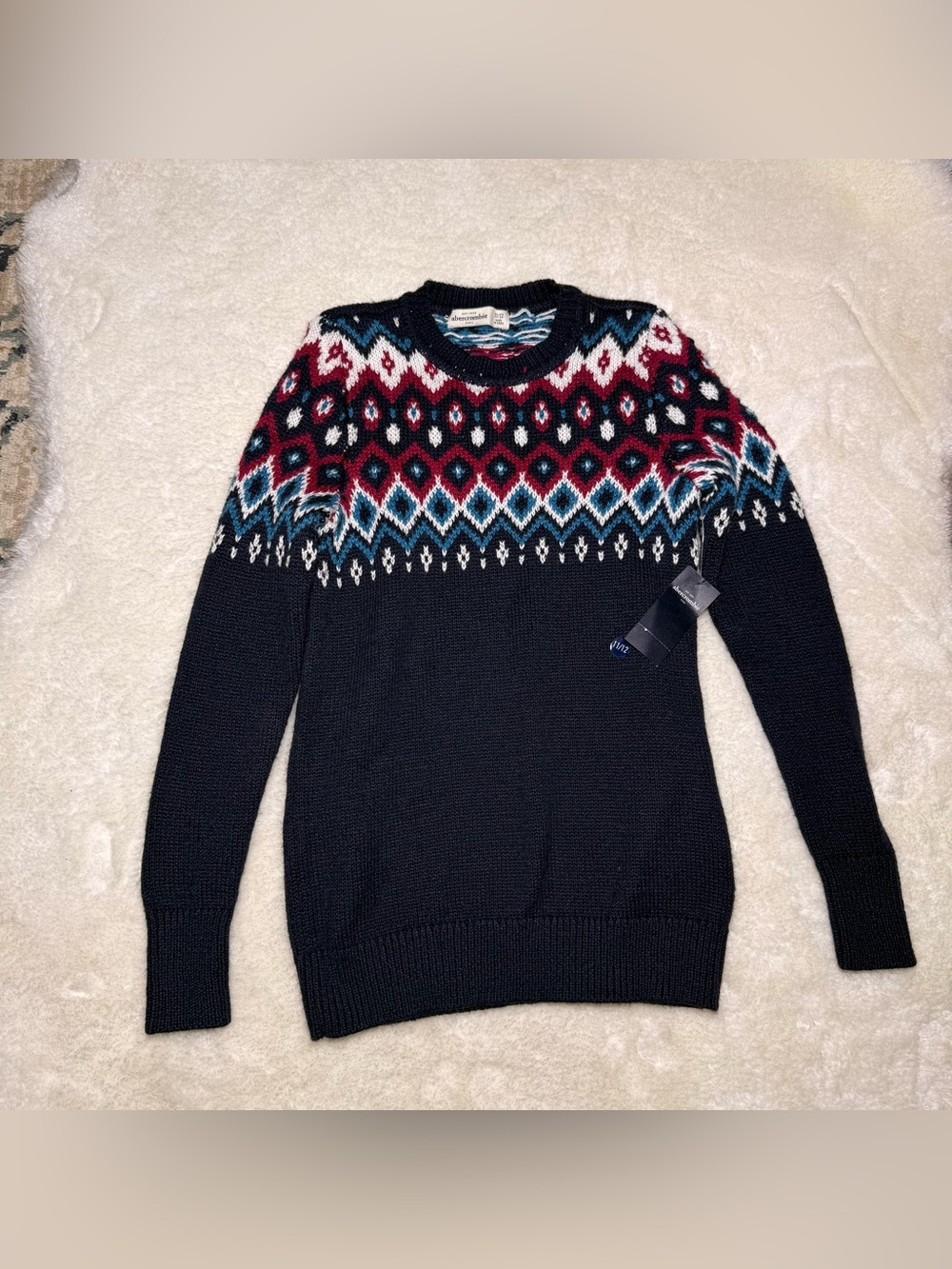 NWT- Abercrombie Kids crewneck Fair Isle sweater navy blue long sleeve sz 11-12